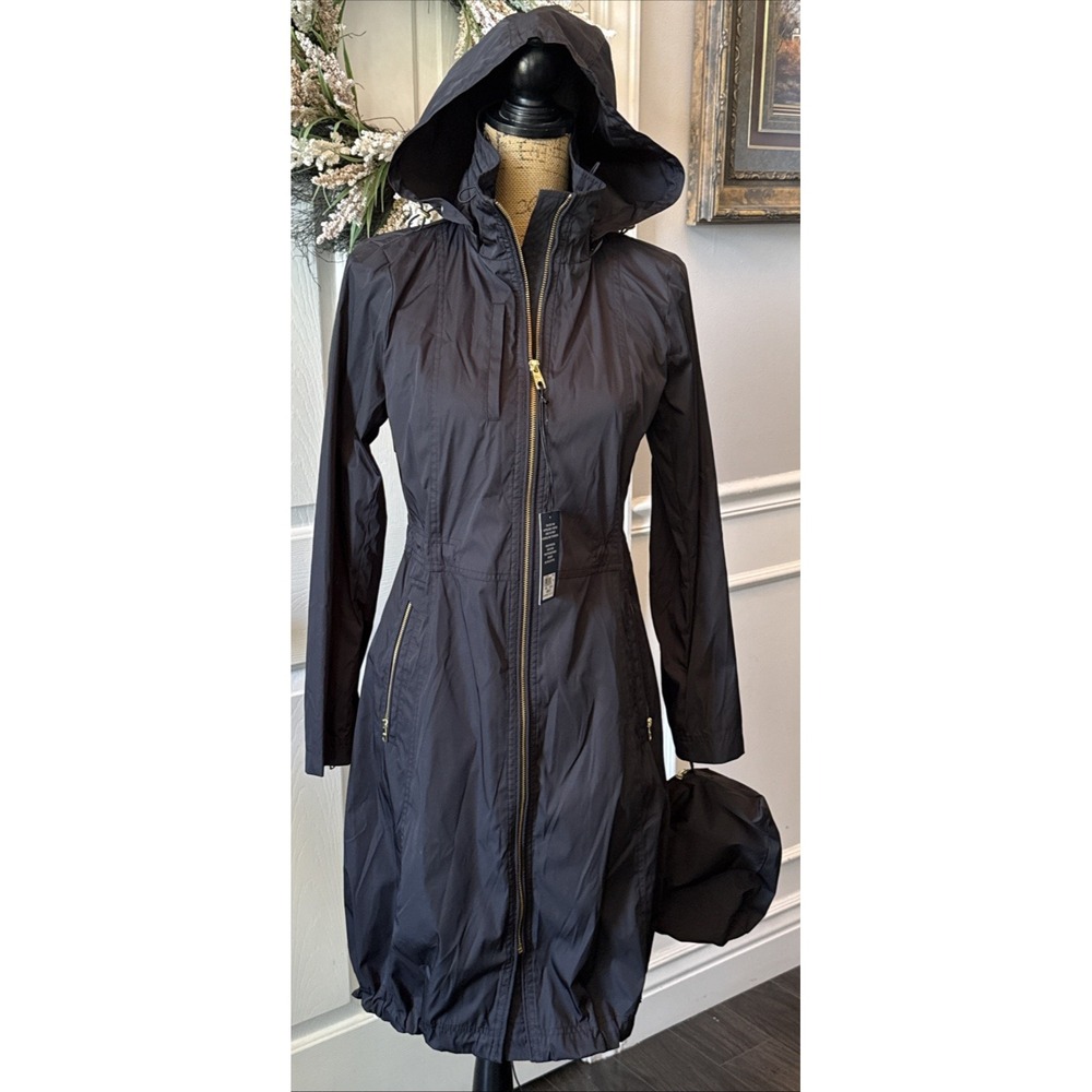 Cole Haan Rain Jacket Women XS Black New Removable Hood Travel Pouch T10129